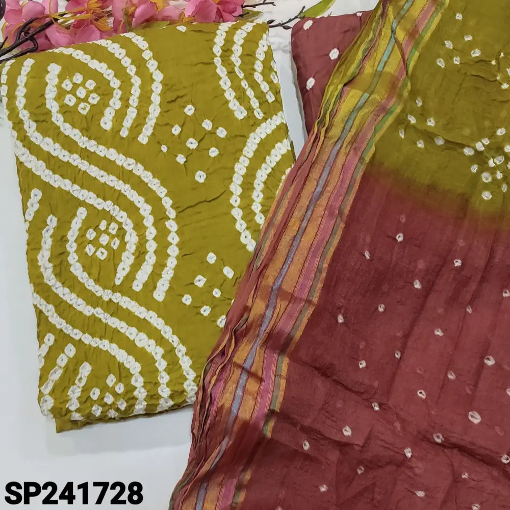 CODE SP241728: Mehandhi green pure cotton unstitched salwar material original bandhani work all over (lining