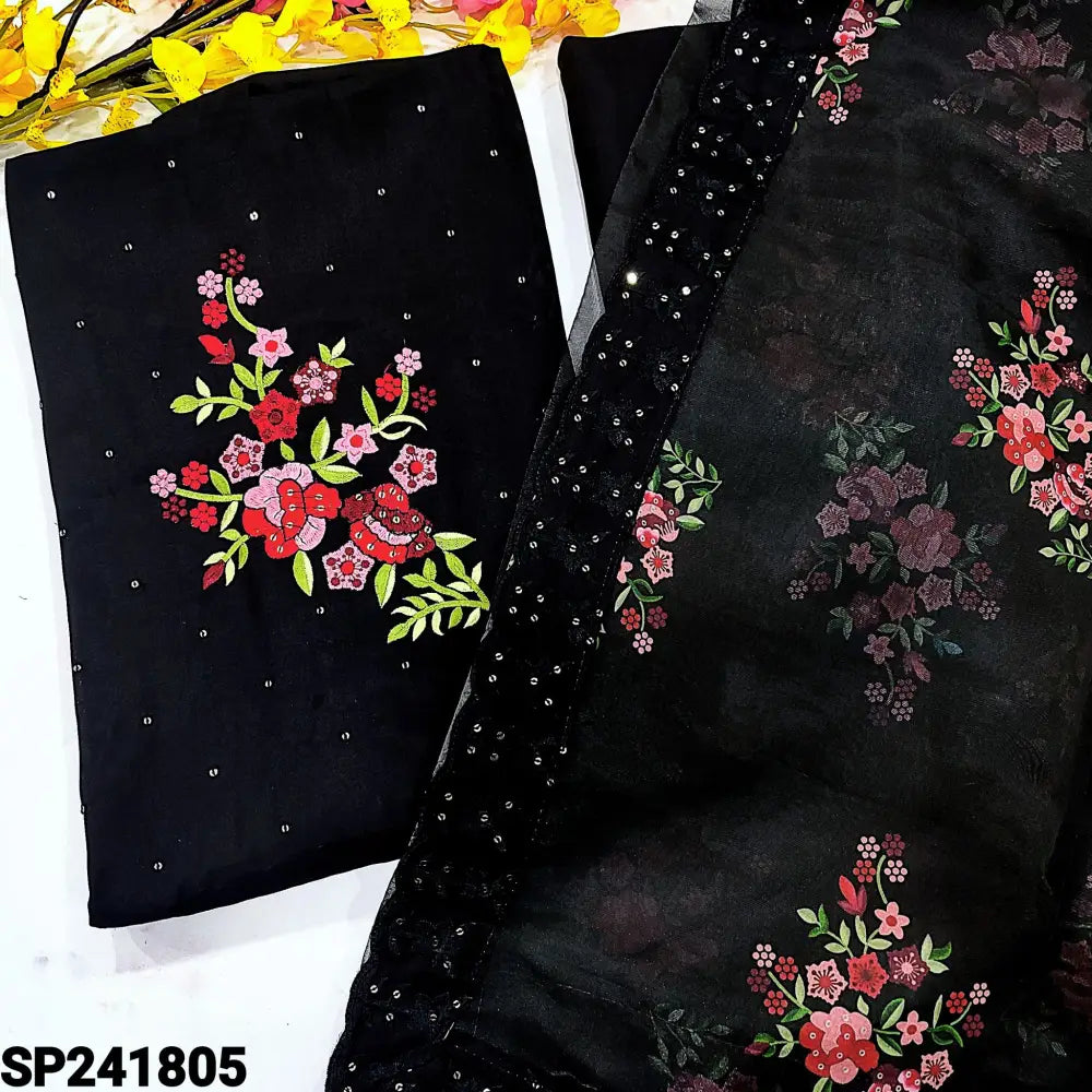 CODE SP241805: Black fancy soft silk cotton unstitched salwar material floral embroidered on yoke sequins work