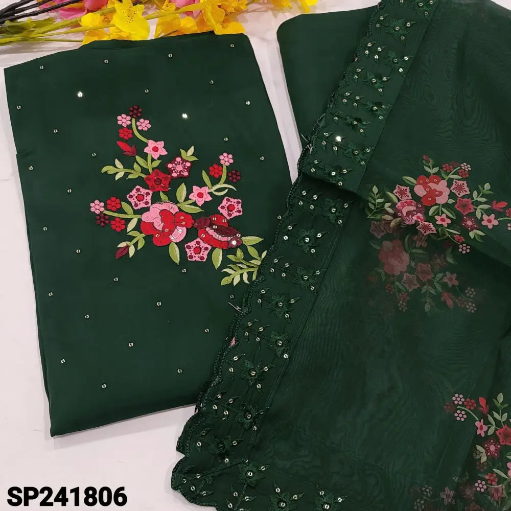 CODE SP241806: Bottle green fancy soft silk cotton unstitched salwar material floral embroidered on yoke sequins work