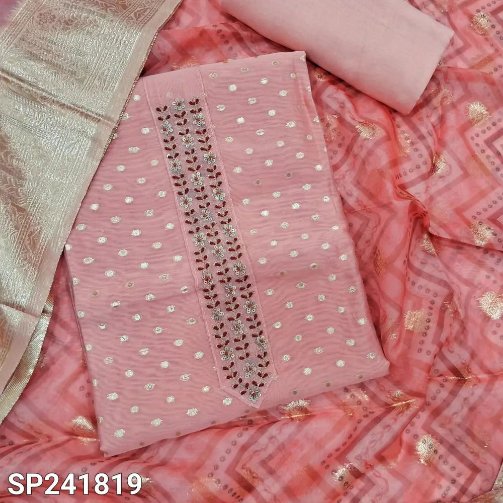 CODE SP241819: Peachish pink silk cotton unstitched salwar material thread& sequins work on yoke zari buttas