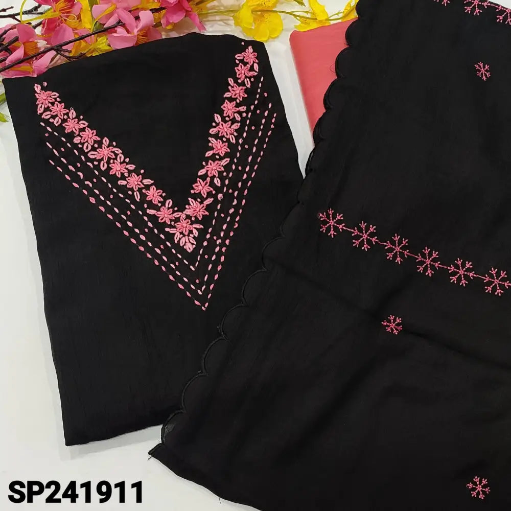 CODE SP241911: Black fancy crinkled silk unstitched salwar material v neck with embroidered(thin fabric lining
