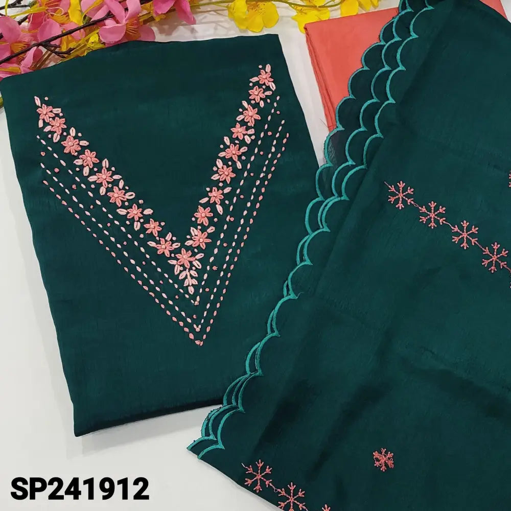 CODE SP241912: Teal green fancy crinkled silk unstitched salwar material v neck with embroidered(thin fabric lining