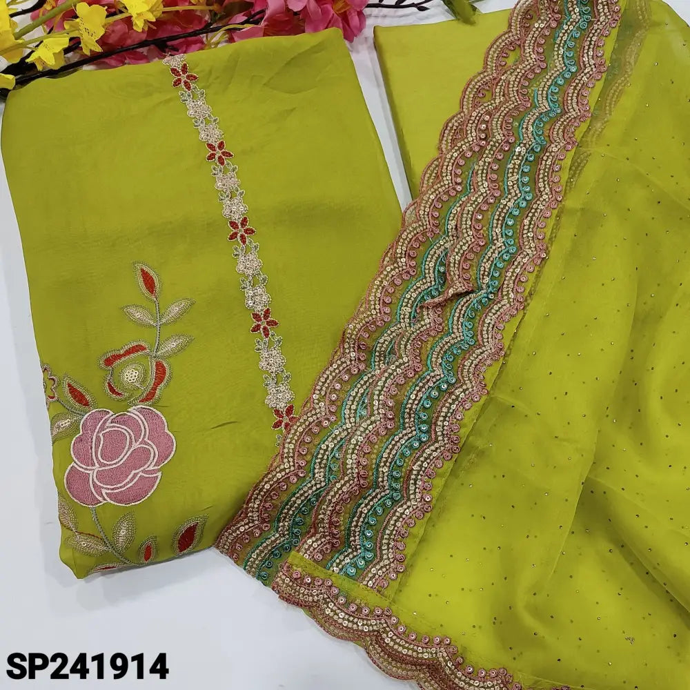 CODE SP241914: Mehandhi green designer pure organza unstitched salwar material embroidered &sequins work