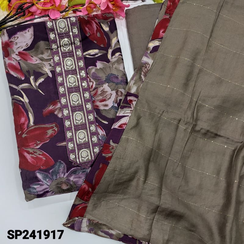 CODE SP241917: Dark purple floral printed fancy silk cotton unstitched salwar material embroidery& sequins work