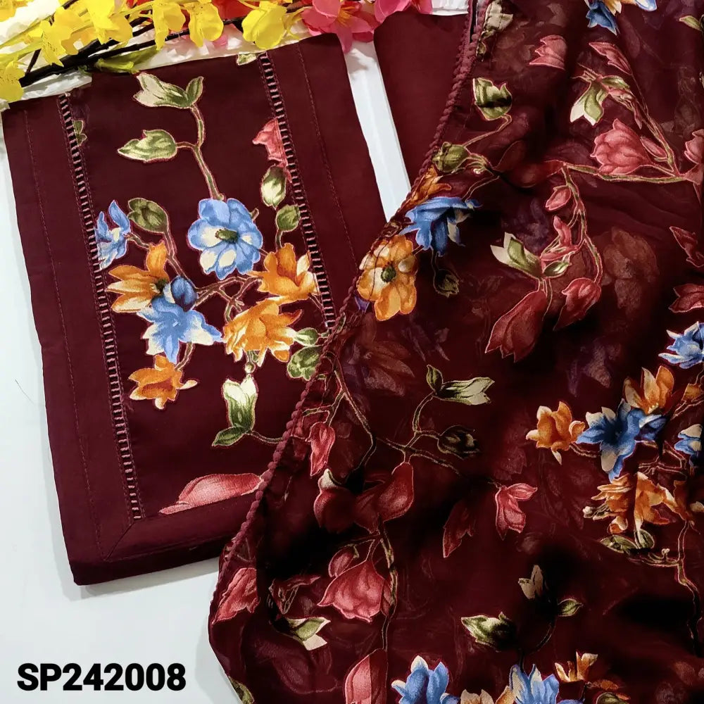 CODE SP242008: Dark maroon soft silk cotton unstitched salwar material brasso chiffon work on yoke& daman(lining
