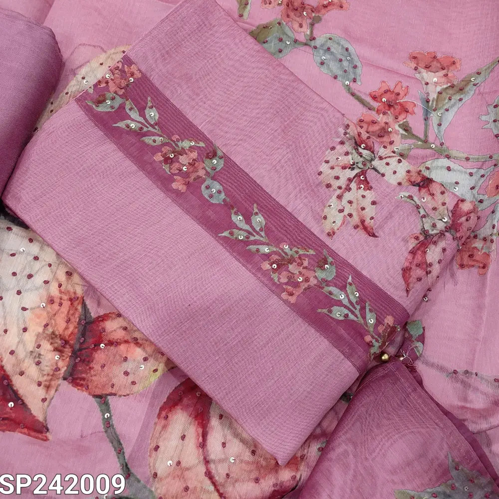 CODE SP242009: Pink digital printed soft silk cotton unstitched salwar material thread& sequins work on yoke&