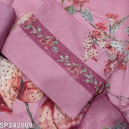 CODE SP242009: Pink digital printed soft silk cotton unstitched salwar material thread& sequins work on yoke&