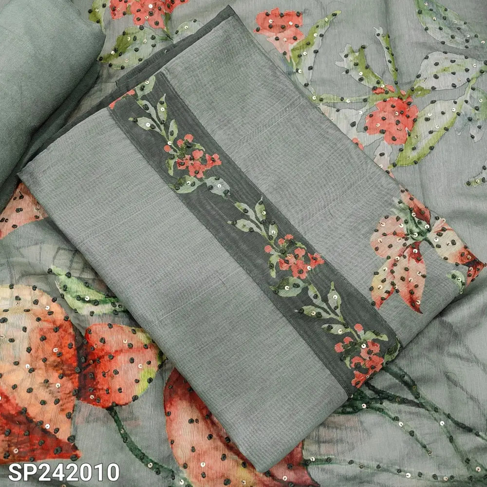 CODE SP242010: Greyish green digital printed soft silk cotton unstitched salwar material thread& sequins work on yoke&