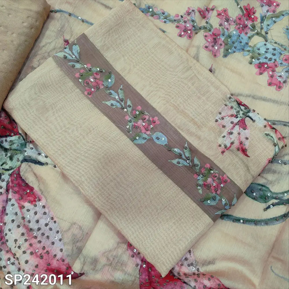 CODE SP242011: Rich beige digital printed soft silk cotton unstitched salwar material thread& sequins work on yoke&