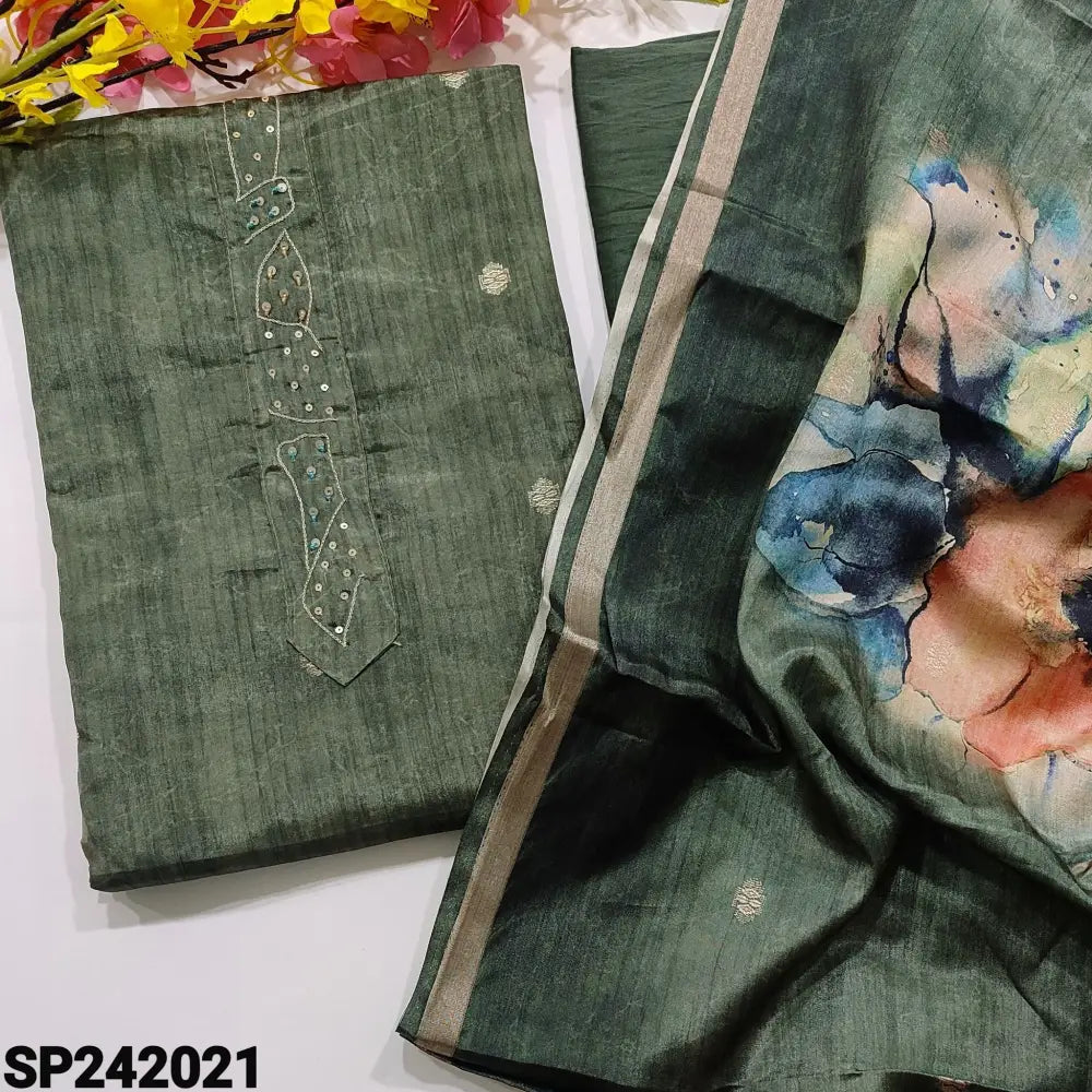 CODE SP242021: Cement green abstract printed fancy silk unstitched salwar material bead& sequins work on yoke zari