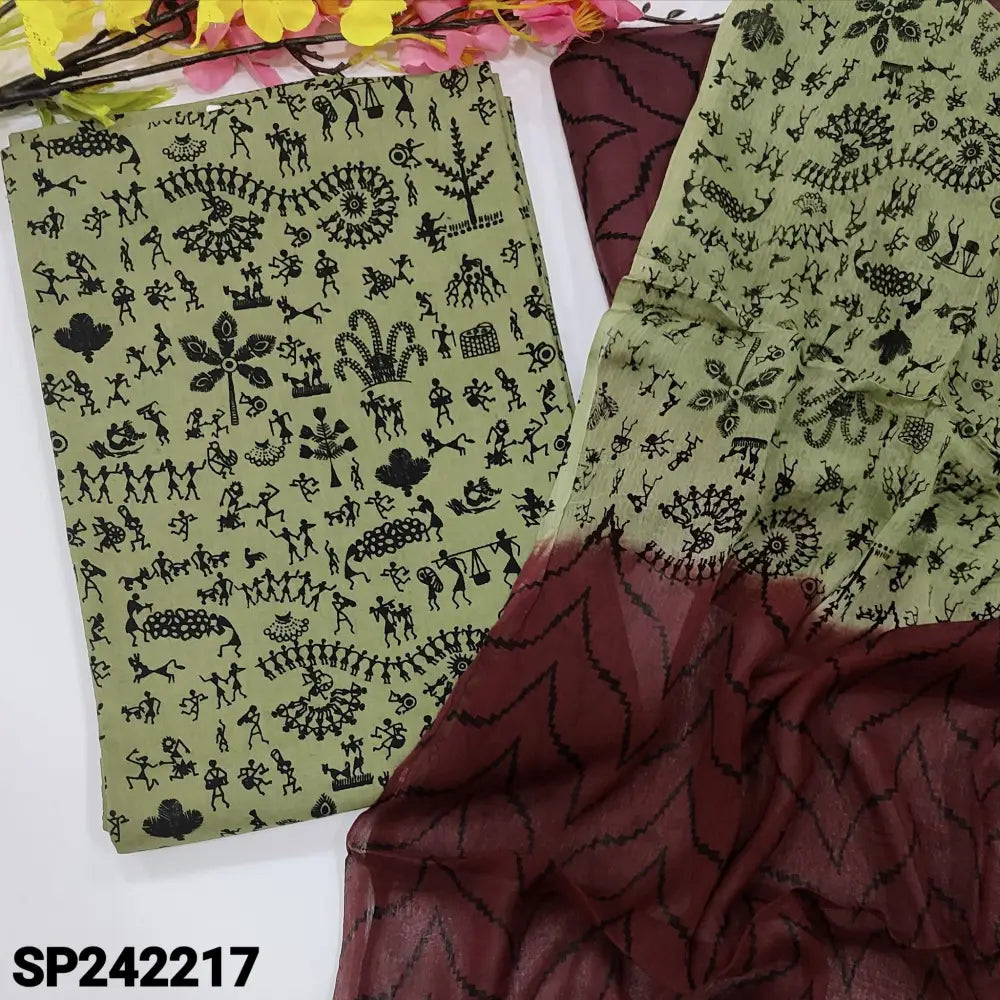 CODE SP242217: Cement green warli printed pure soft cotton unstitched salwar material(lining optional)dark beetroot