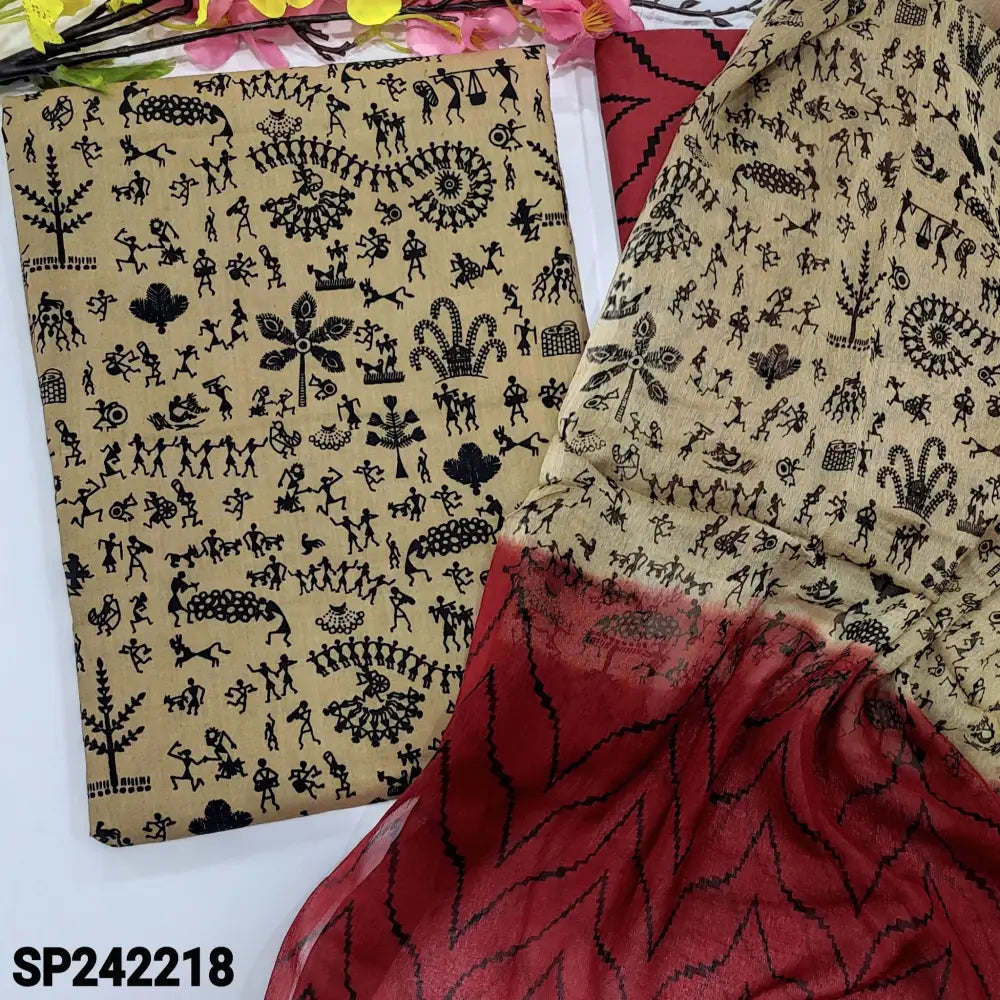 CODE SP242218: Beige warli printed pure soft cotton unstitched salwar material(lining optional)Red zigzag printed