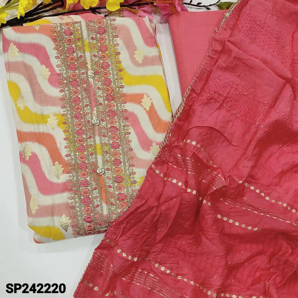 CODE SP242220: Multi color gold foil printed modal maslin unstitched salwar material heavy work on yoke(lining