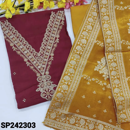 CODE SP242303: Beetroot purple designer pure maslin silk unstitched salwar material v neck with zari& sequins work