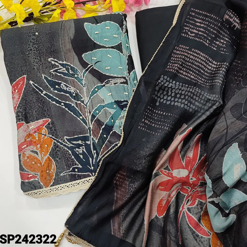 CODE SP242322: Black &grey digital printed modal silk cotton unstitched salwar material kantha stitch(silky fabric