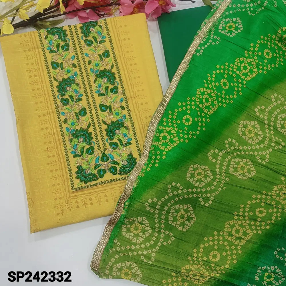CODE SP242332: Light yellow textured silk cotton unstitched salwar material embroidered yoke block printed all