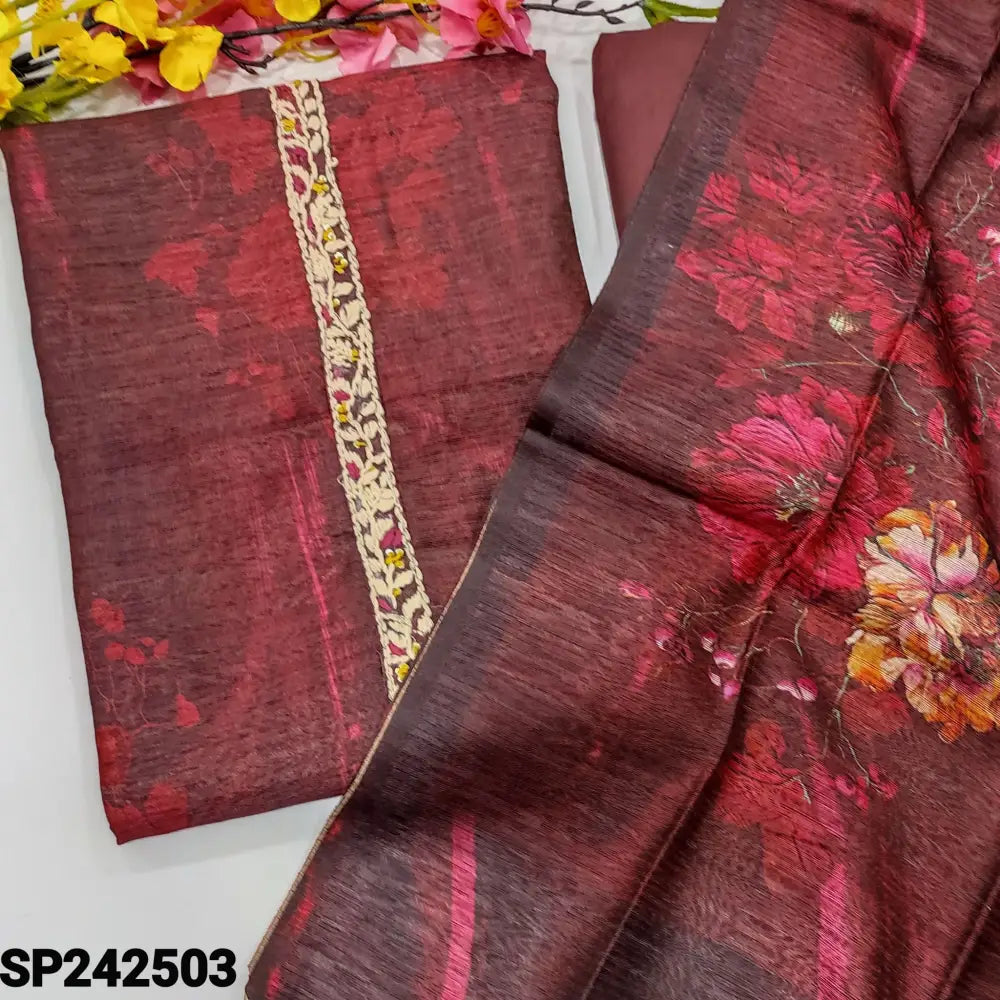 CODE SP242503: Dark maroon abstract printed premium tussar silk unstitched salwar material hand embroidered