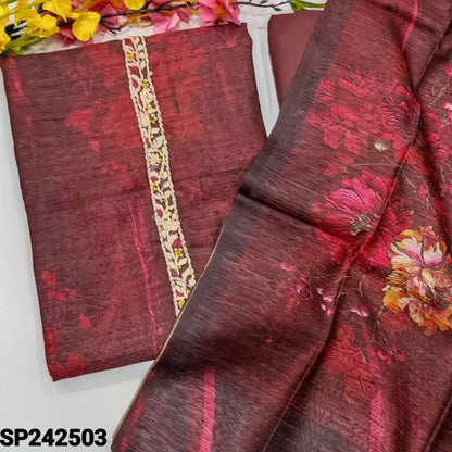 CODE SP242503: Dark maroon abstract printed premium tussar silk unstitched salwar material hand embroidered