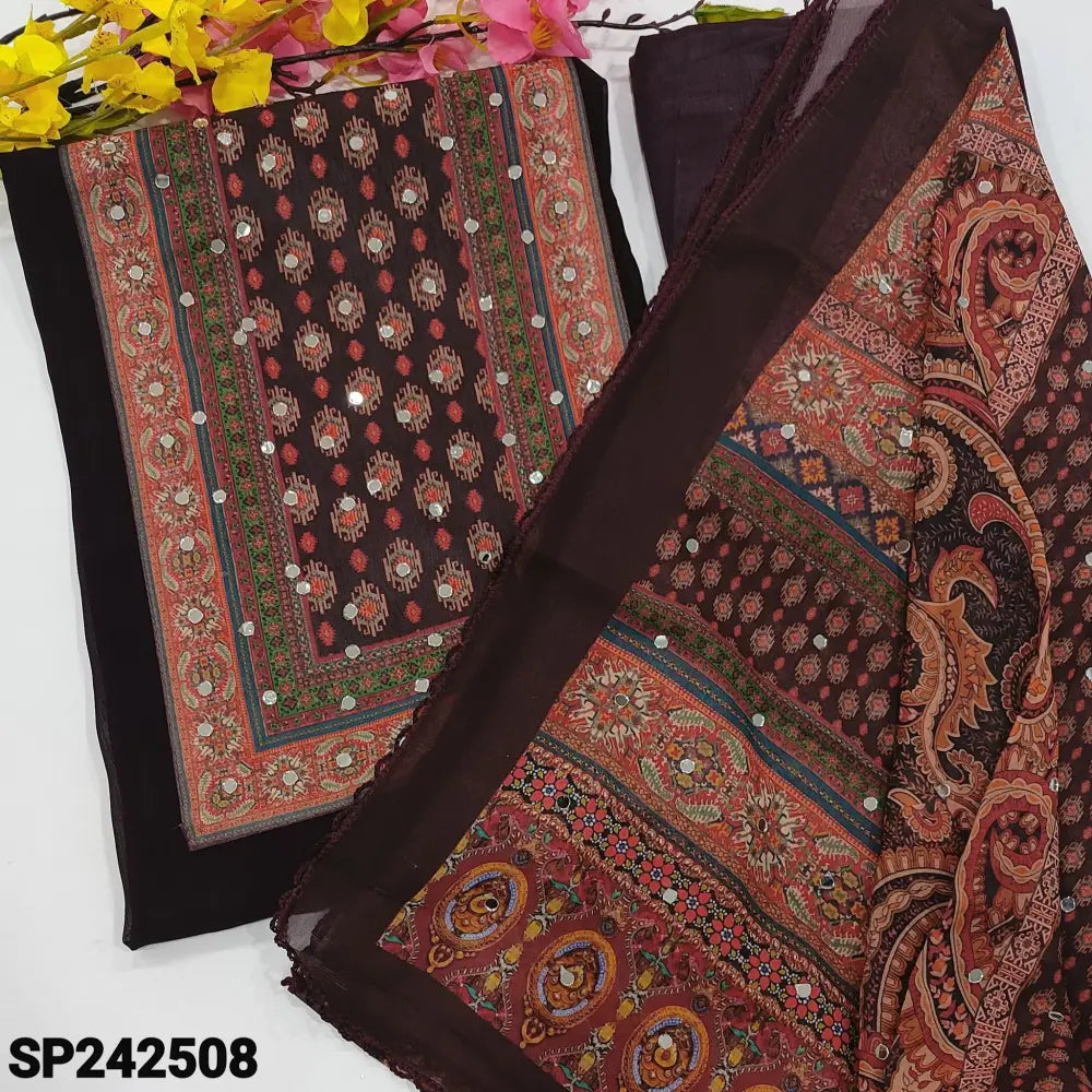 CODE SP242508: Deep wine purple semi georgette unstitched salwar material printed yoke with real mirror work(lining
