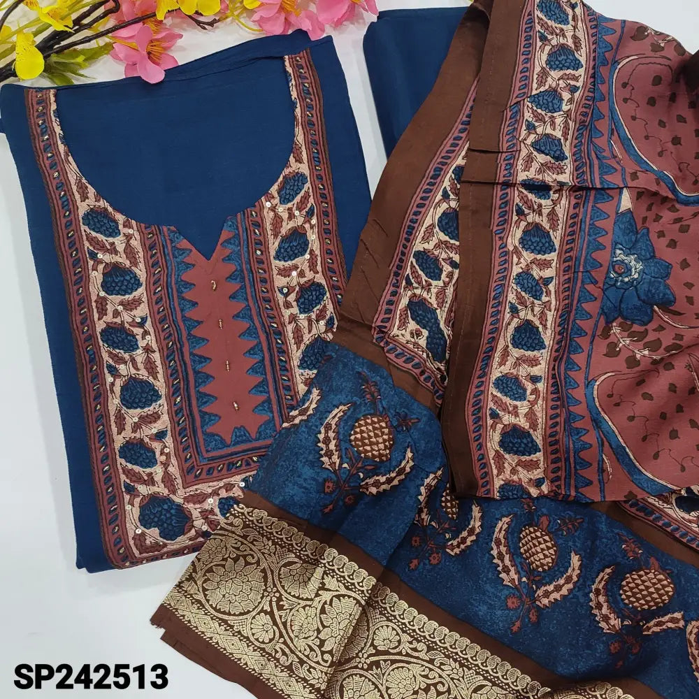 CODE SP242513: Blue liquid fabric unstitched salwar material ajrak printed yoke with bead work(lining needed)matching