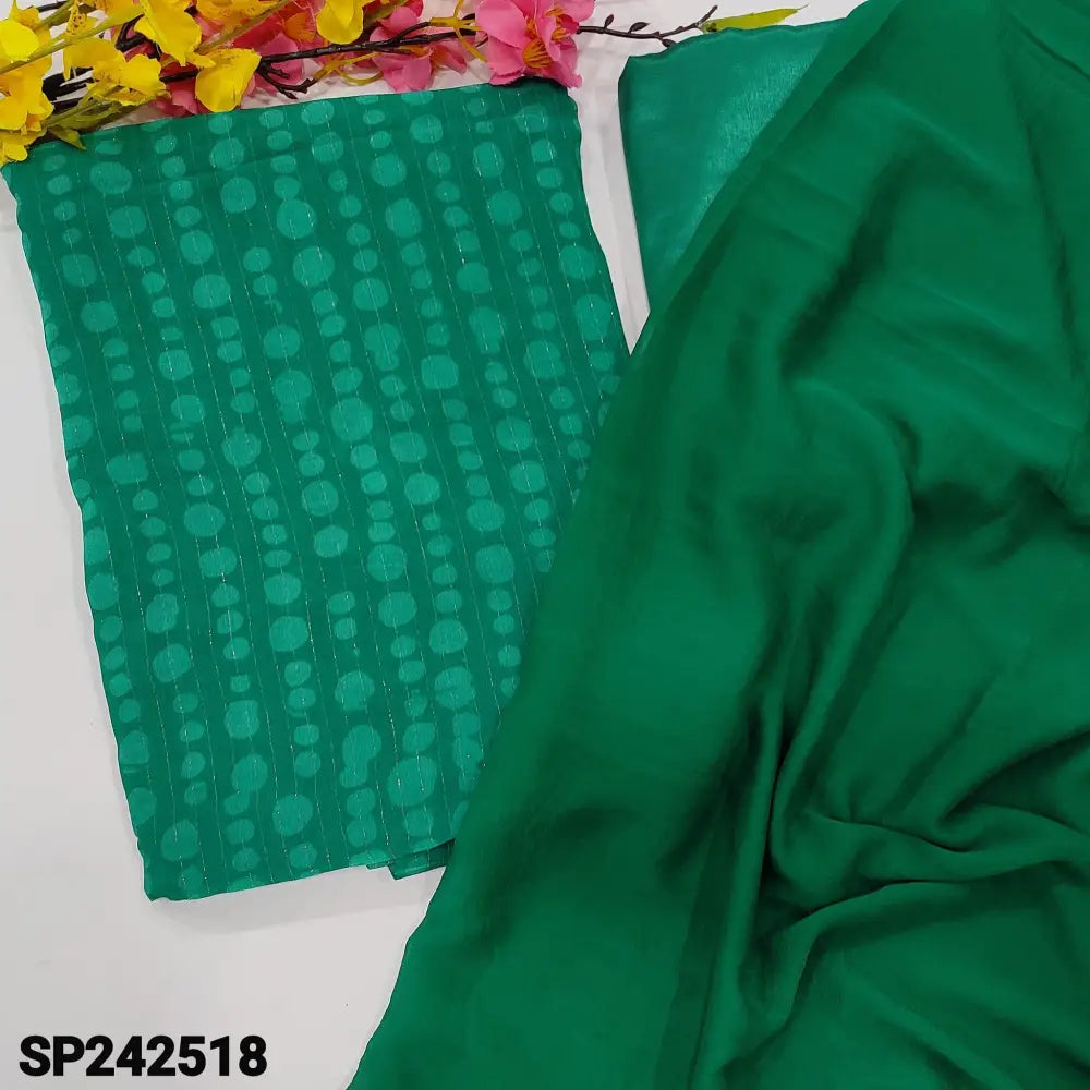 CODE SP242518: Dark turquoise green printed semi georgette unstitched salwar material thin zari line all over(thin