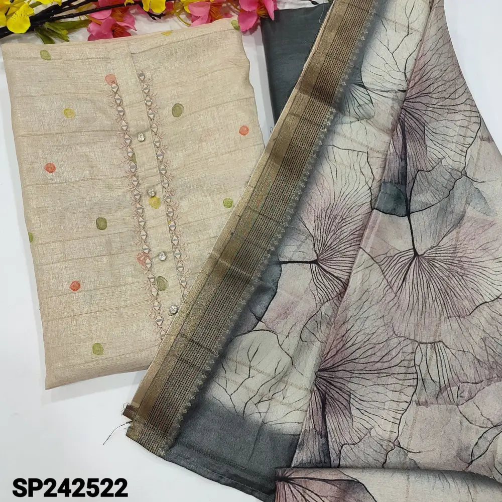 CODE SP242522: Beige semi gicha textured silk cotton unstitched salwar material fancy buttons &real mirror work on yoke