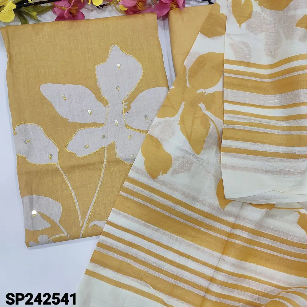 CODE SP242541: Light fenugreek yellow printed soft cotton unstitched salwar material thread& sequins work