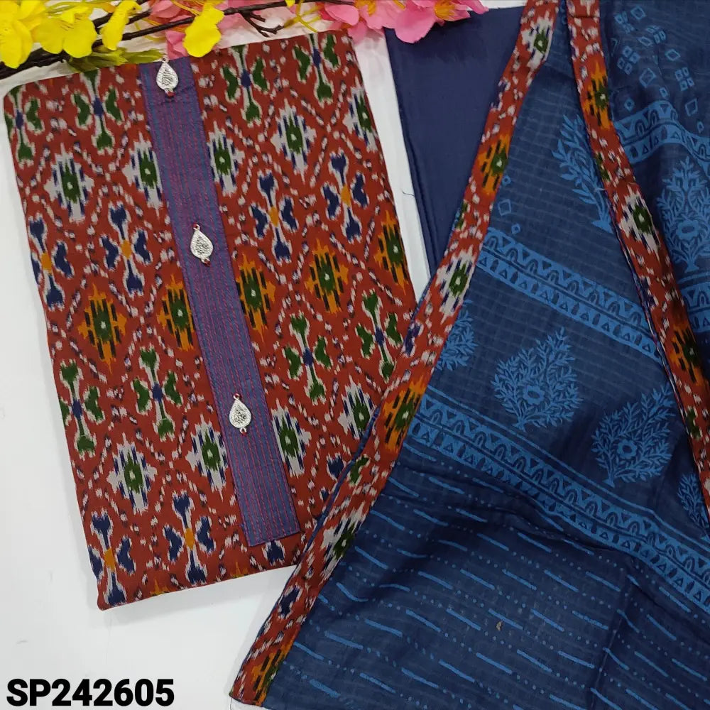 CODE SP242605: Reddish maroon patola printed pure cotton unstitched salwar material fancy buttons on yoke(lining