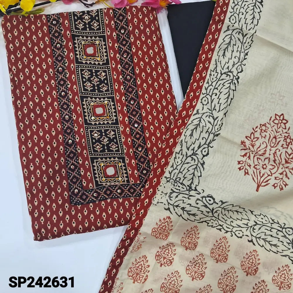 CODE SP242631: Maroon ajrak printed soft cotton unstitched salwar material real mirror work on yoke(lining