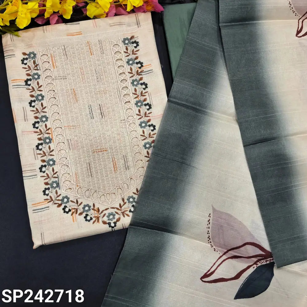 CODE SP242718: Half white printed semi tussar unstitched salwar material sequins embroidery& cut work on yoke(thin