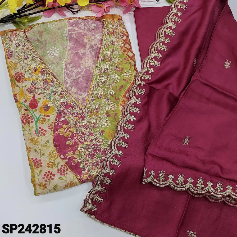 CODE SP242815: Multi color pure maslin silk unstitched salwar material v neck with zari& sequins work(thin fabric