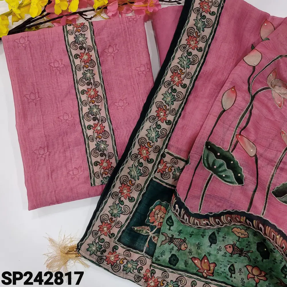 CODE SP242817: Pink digital printed silk cotton unstitched salwar material printed yoke with zari& sequins work(thin