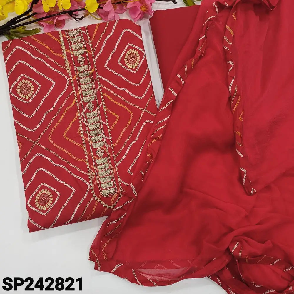 CODE SP242821: Bright red bandhini printed cotton unstitched salwar material zari work on yoke(lining optional)matching