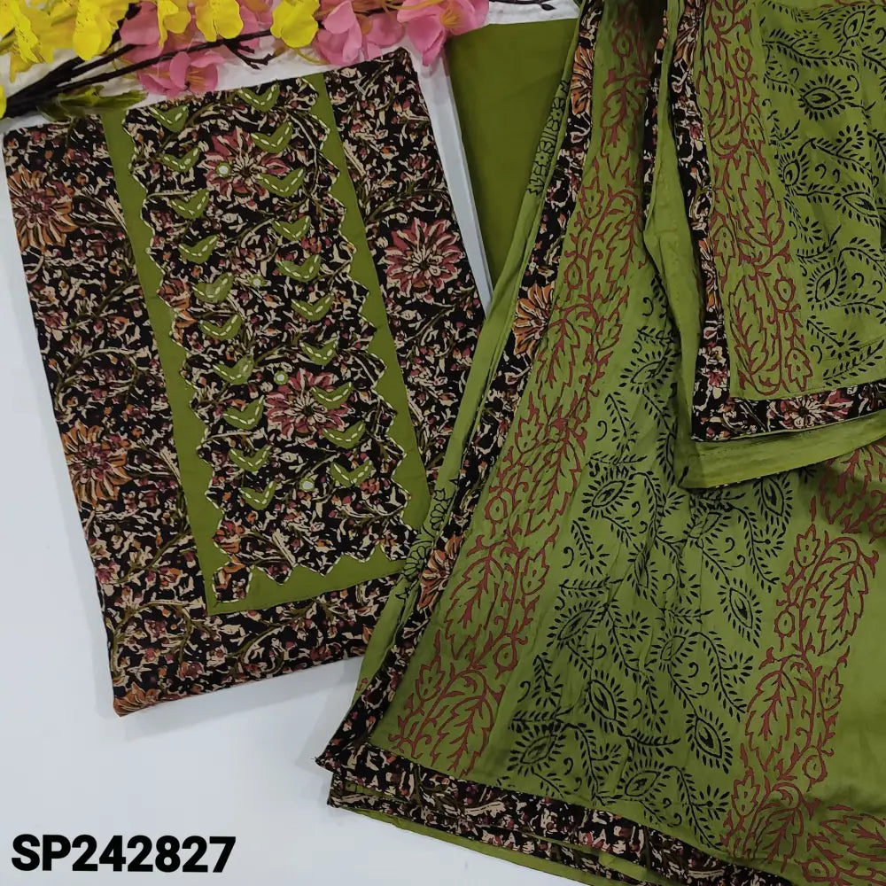 CODE SP242827: Black kalamkari printed soft cotton unstitched salwar material applique work on yoke(lining