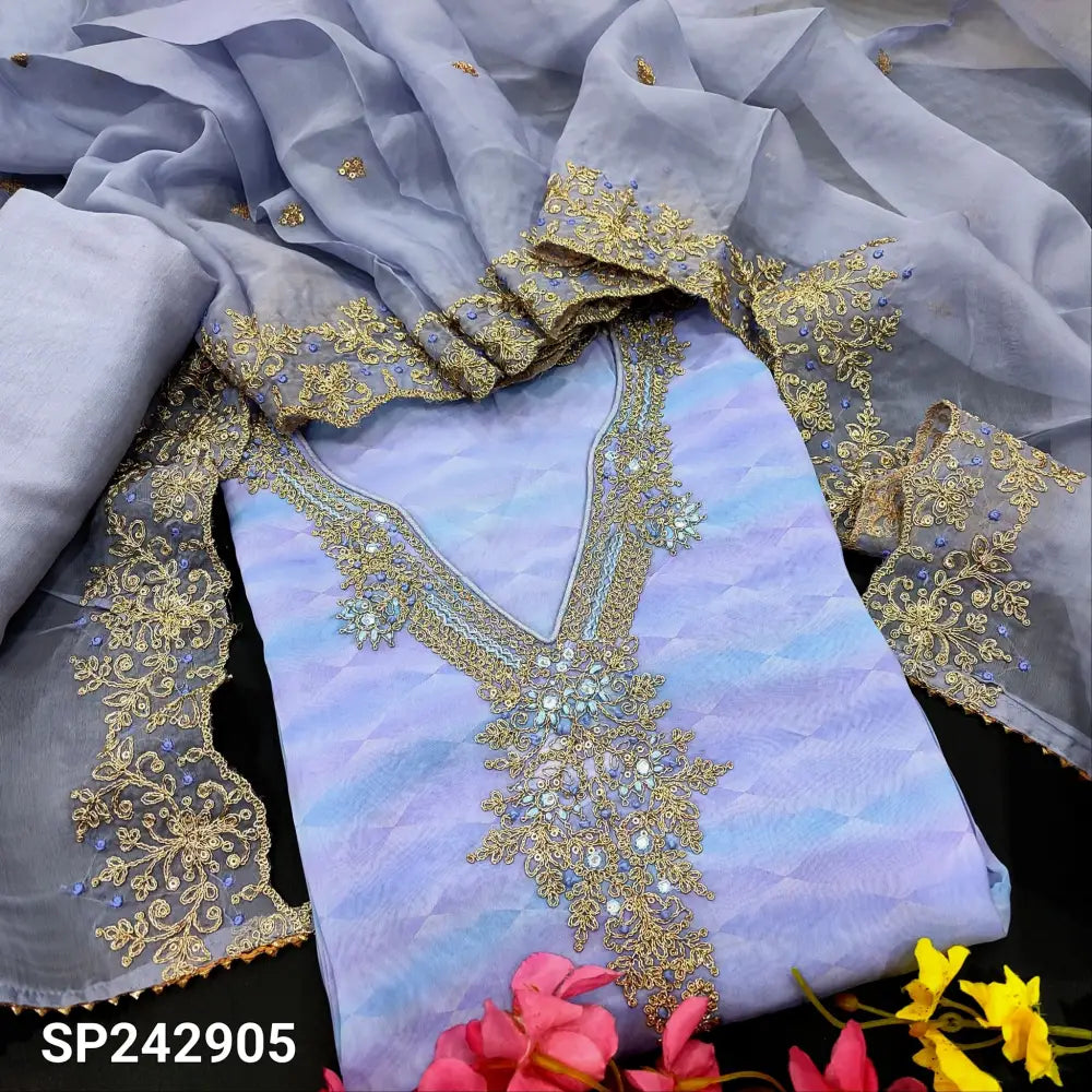 CODE SP242905: Lavender designer abstract printed pure organza semi stitched salwar material v neck with rich zari&