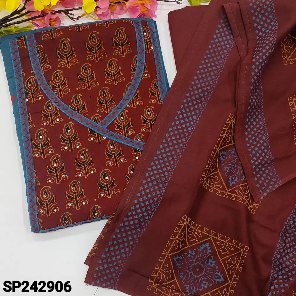 CODE SP242906: Dark maroon south handloom cotton unstitched salwar material angraha neck with thread& sequins work