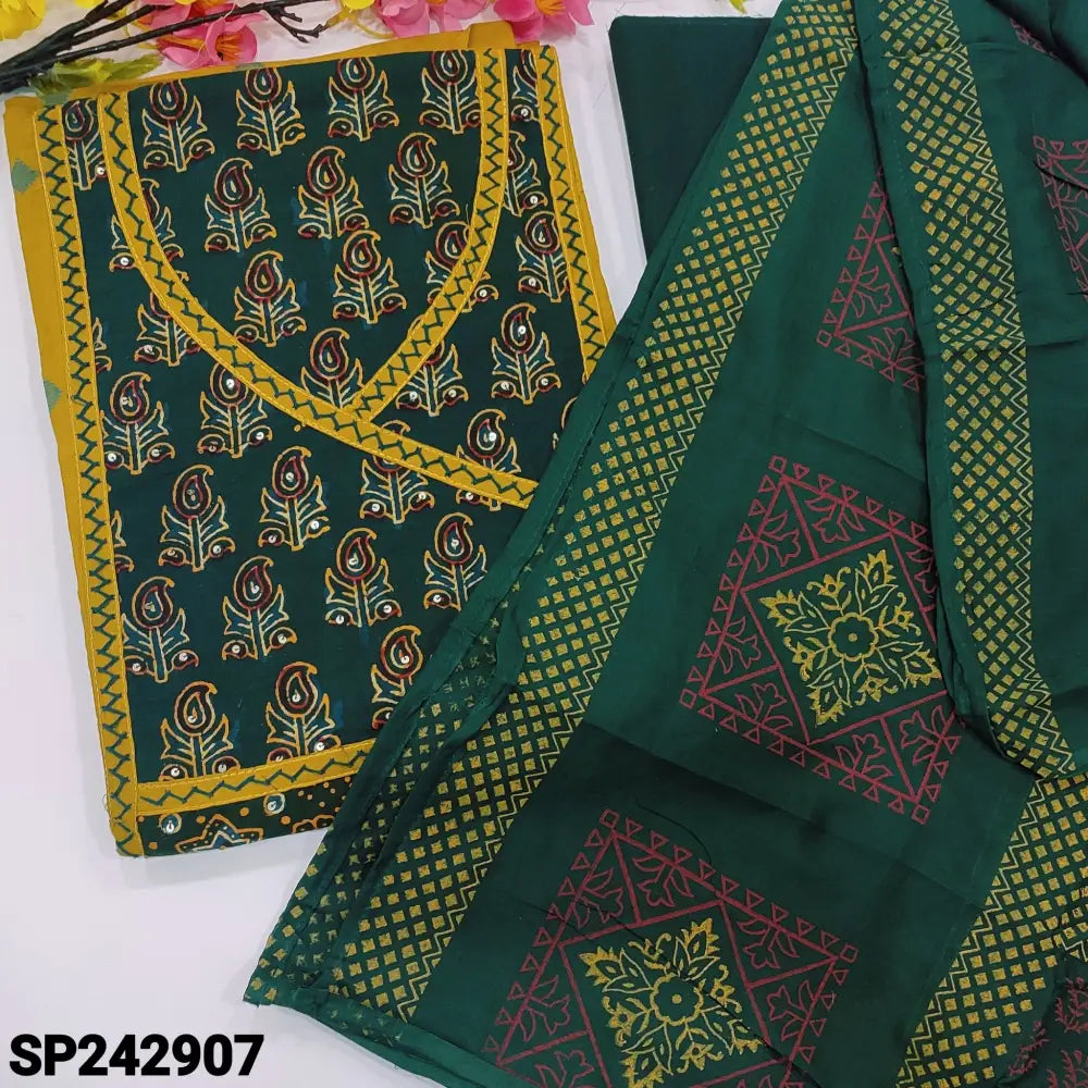 CODE SP242907: Dark cement green south handloom cotton unstitched salwar material angraha neck with thread& sequins
