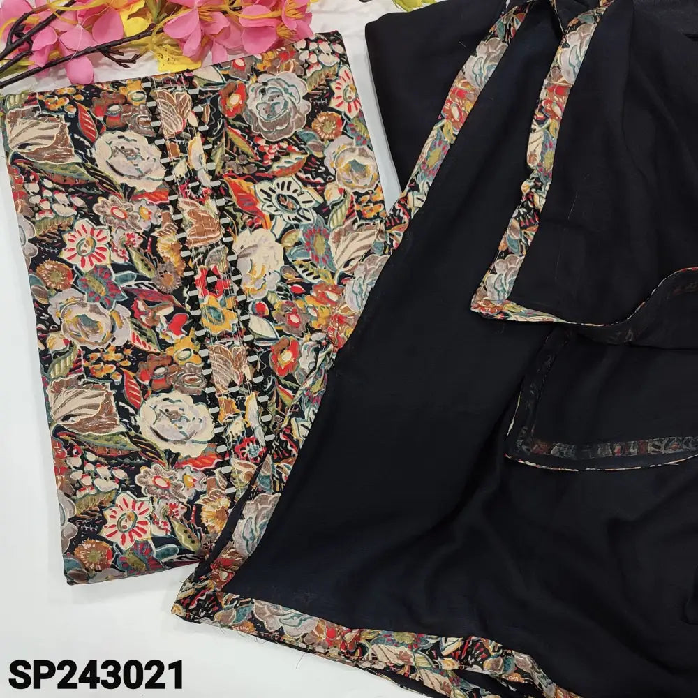 CODE SP243021: Black base floral printed satin cotton unstitched salwar material real mirror work on yoke(lining