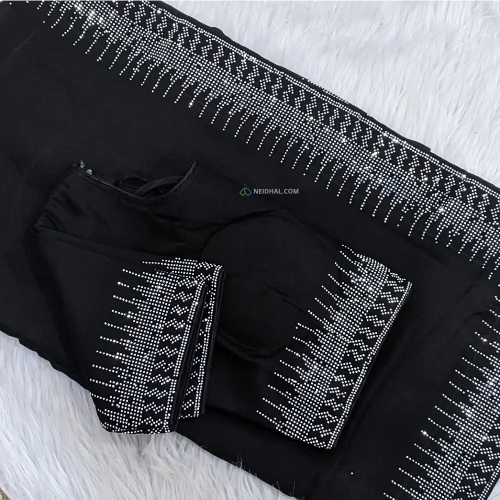 CODE WS1132: Black designer crepe silk saree with heavy and neat dew drop stone work for borders and pallu.(check