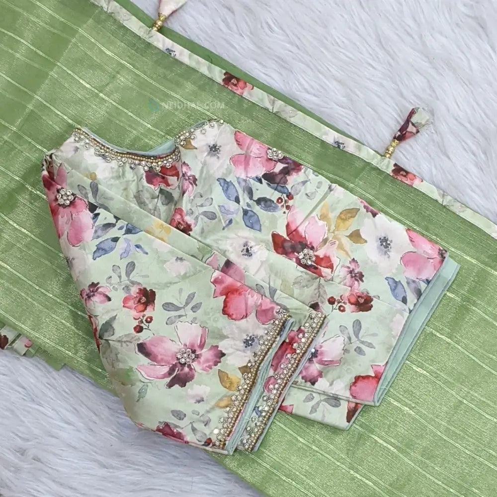 CODE WS1135: Pastel green with golden tint fancy tissue organza saree (check the description for full details)