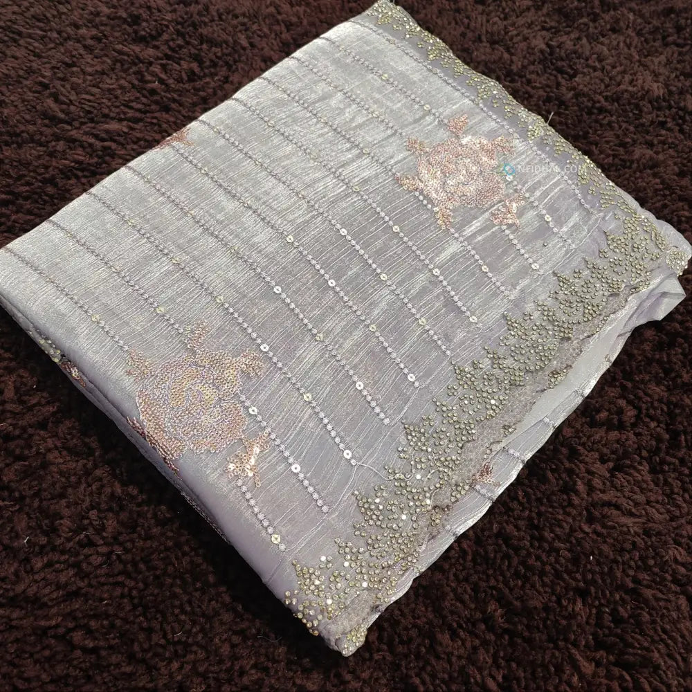 CODE WS1188: Designer light greyish lavender jimmy choo saree(thin,shiny)heavy thread and sequins work all over