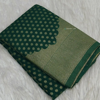 CODE WS1194: Bottle green banarasi viscous georgette saree with antique gold zari woven buttas all over,zari woven