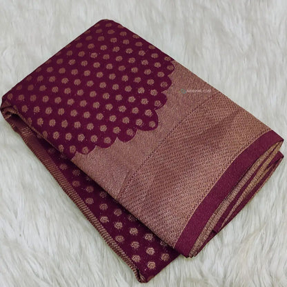 CODE WS1195: Beetroot purple banarasi viscous georgette saree with antique gold zari woven buttas all over,zari woven
