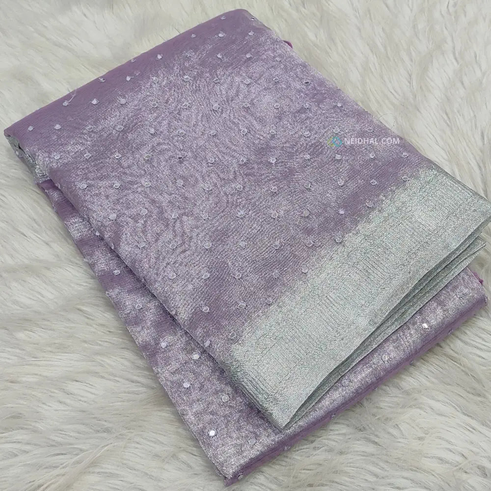 CODE WS1306: Designer Lavender tissue silk cotton saree(shiny thin fabric)tiny faux mirror work all over double side