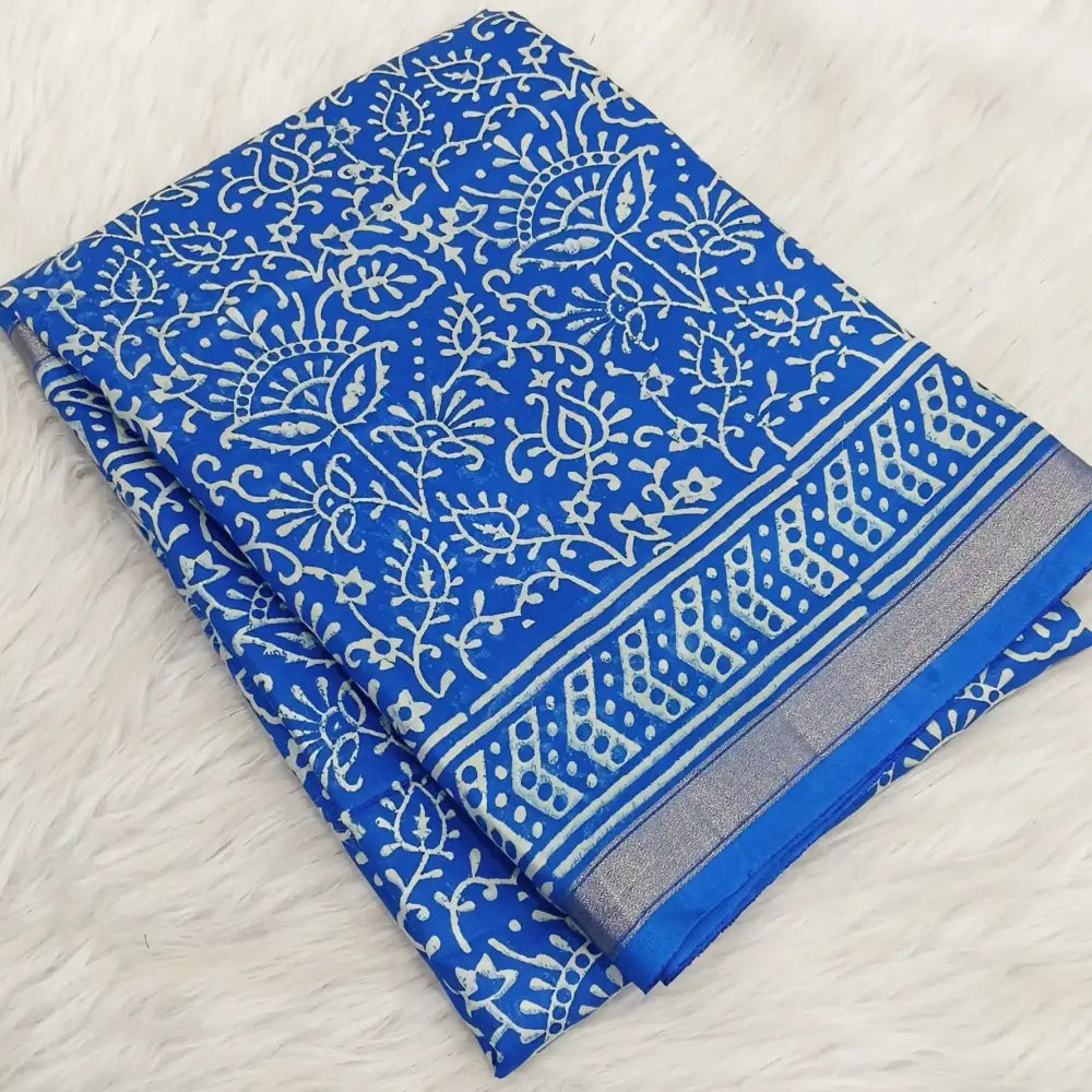 CODE WS1327:Ink Blue Fancy Modal silk saree,thin gold zari borders printed all over,Printed pallu and running blouse