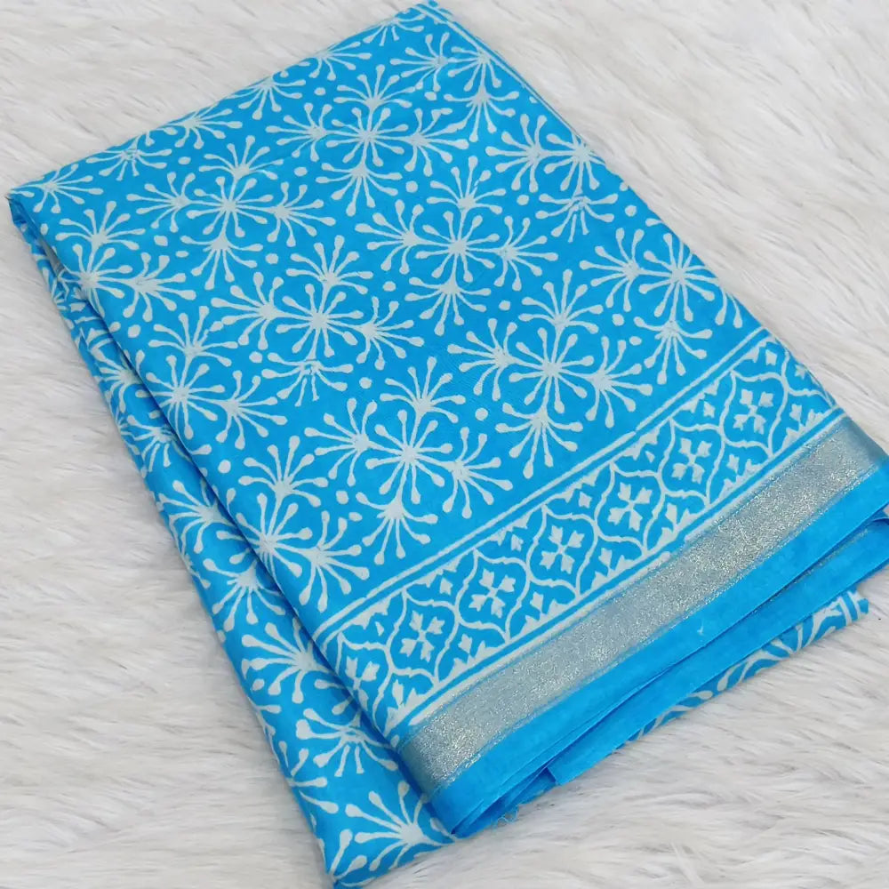 CODE WS1328: Light Blue Fancy Modal silk saree,thin gold zari borders printed all over,Printed pallu and running blouse