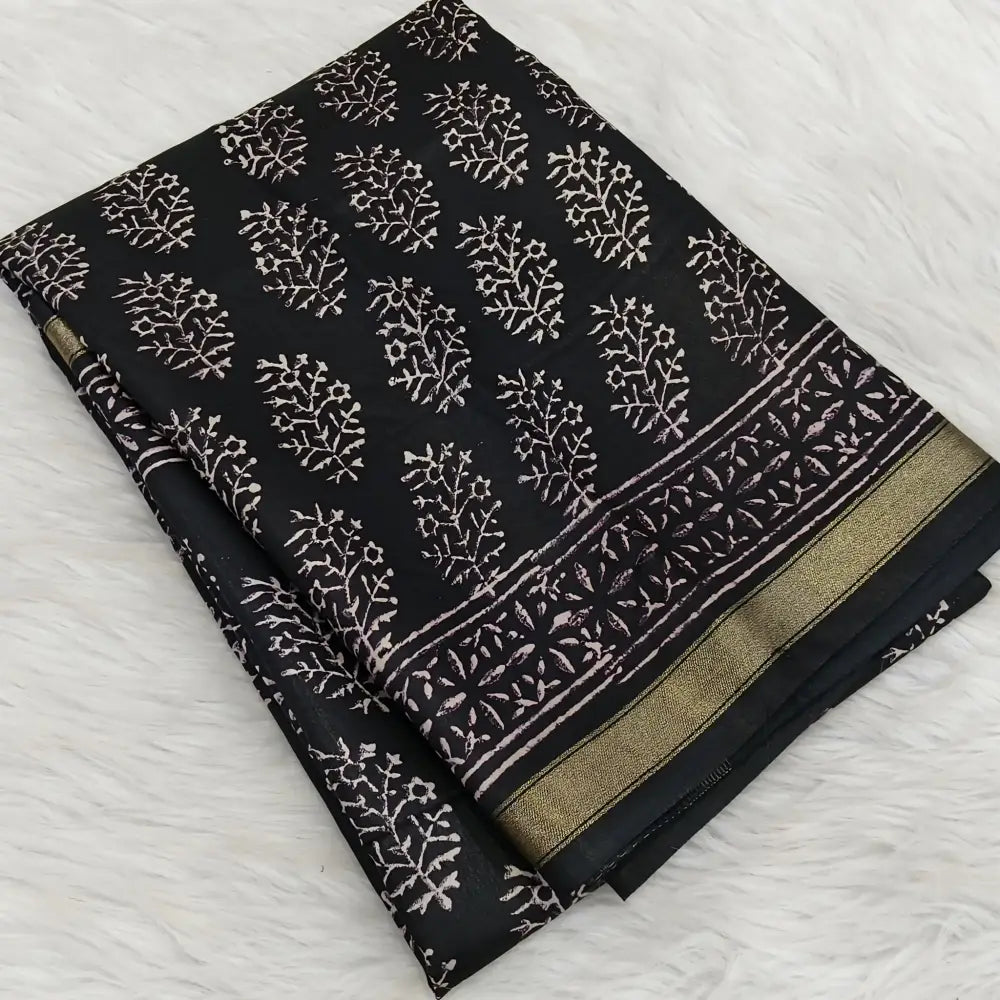 CODE WS1330:Black Fancy Modal silk saree,thin gold zari borders printed all over,Printed pallu and running blouse