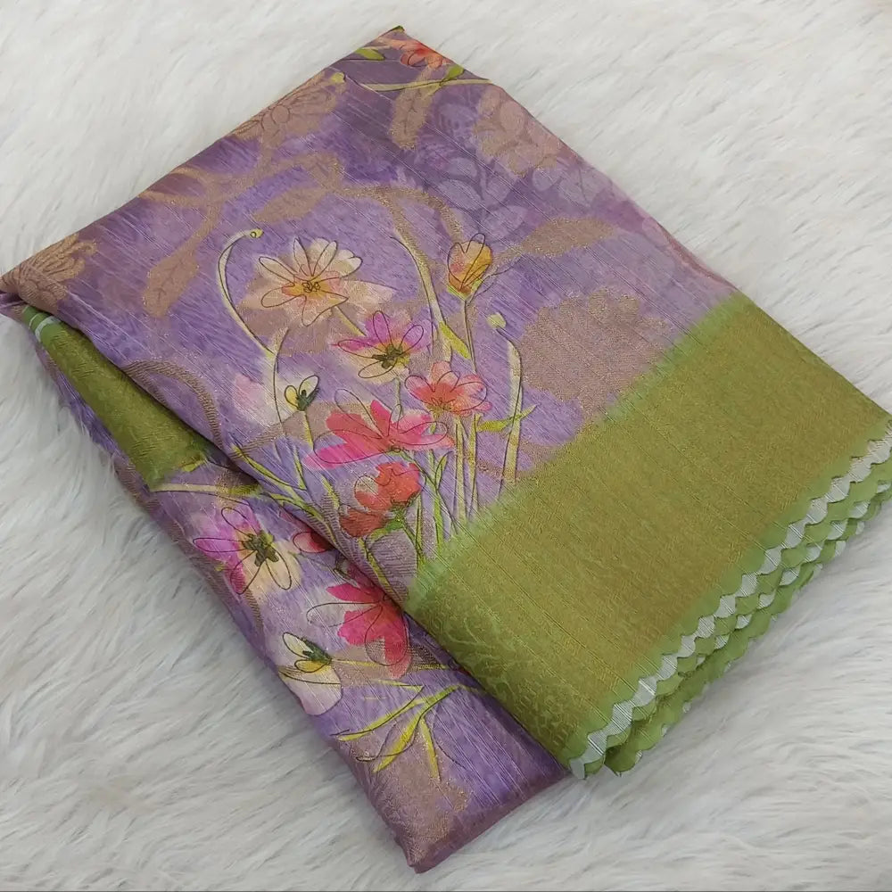 CODE WS1347: Lavender designer silk cotton saree,double side borders with cut work edges contrast running blouse green