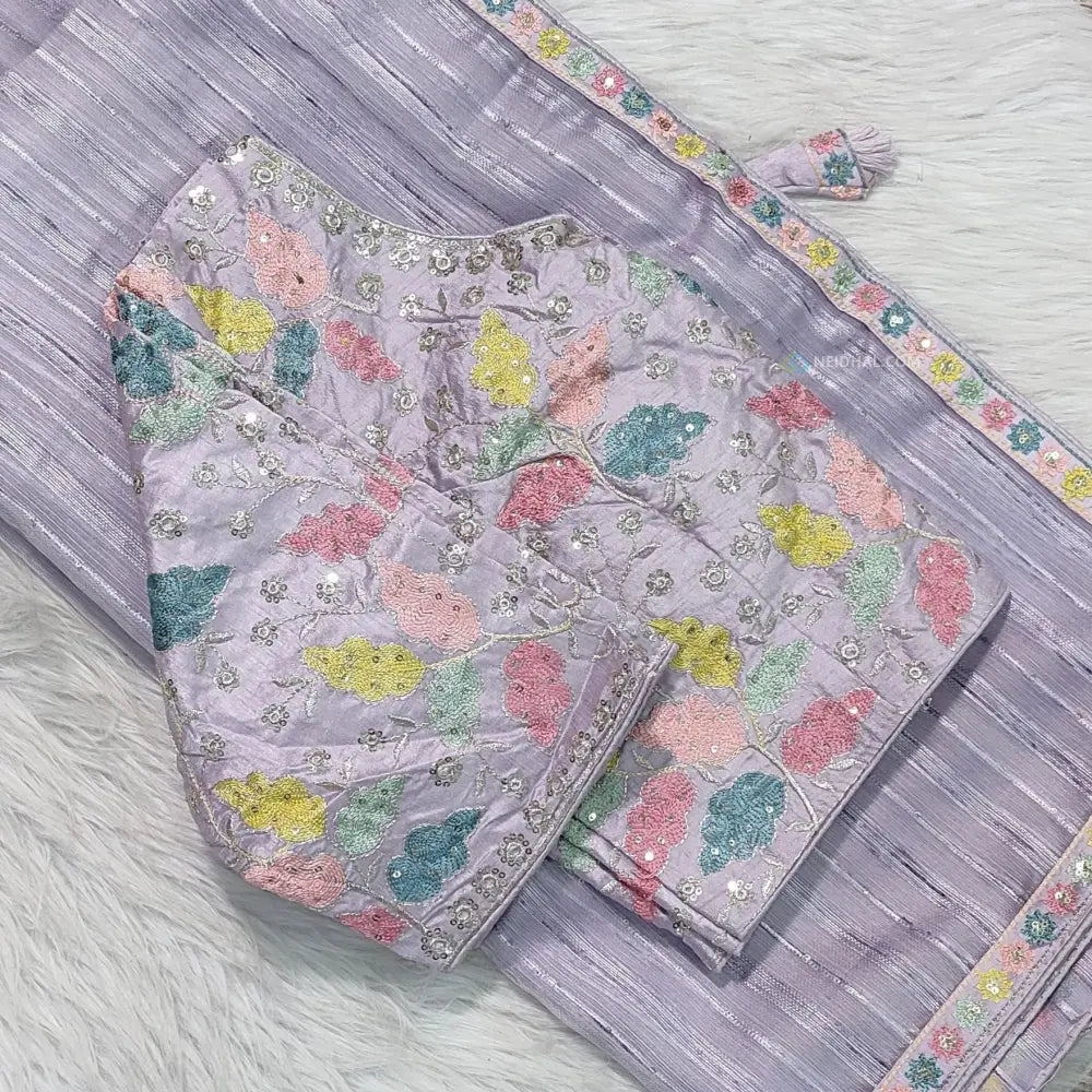 CODE WS1369: Lavender fancy organza saree with sequins borders,sequins and thread work all over.Heavy designer