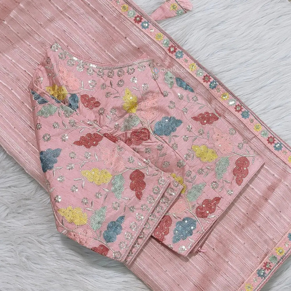 CODE WS1370: Pastel pink fancy organza saree with sequins borders,sequins and thread work all over. designer readymade